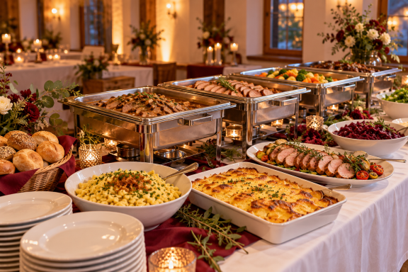 Warme Buffetgerichte Warmbuffet mit verschiedenen frisch zubereiteten Gerichten